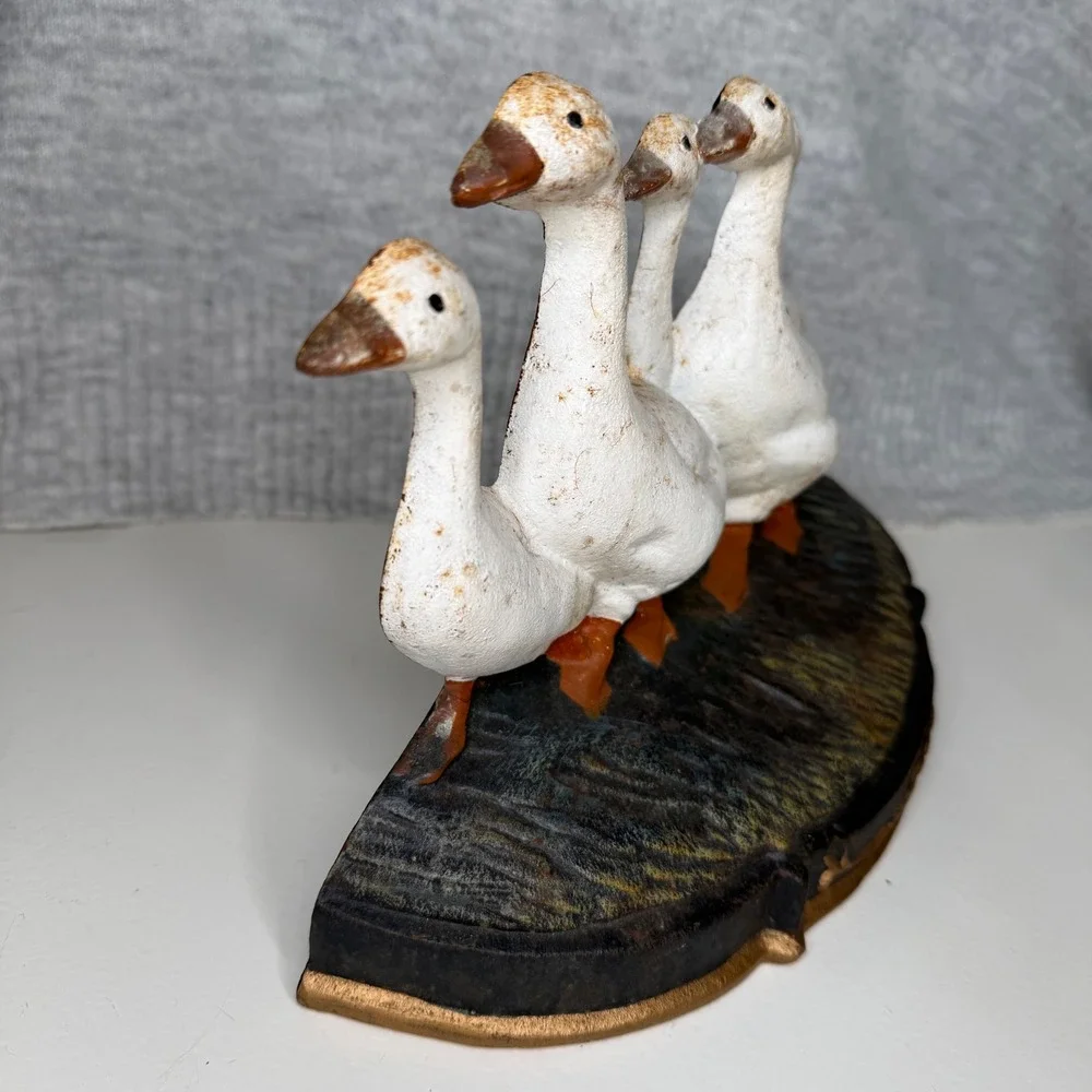 Vintage Cast Iron Goose Doorstop Five White Geese Farmhouse Decor Heavy Duty